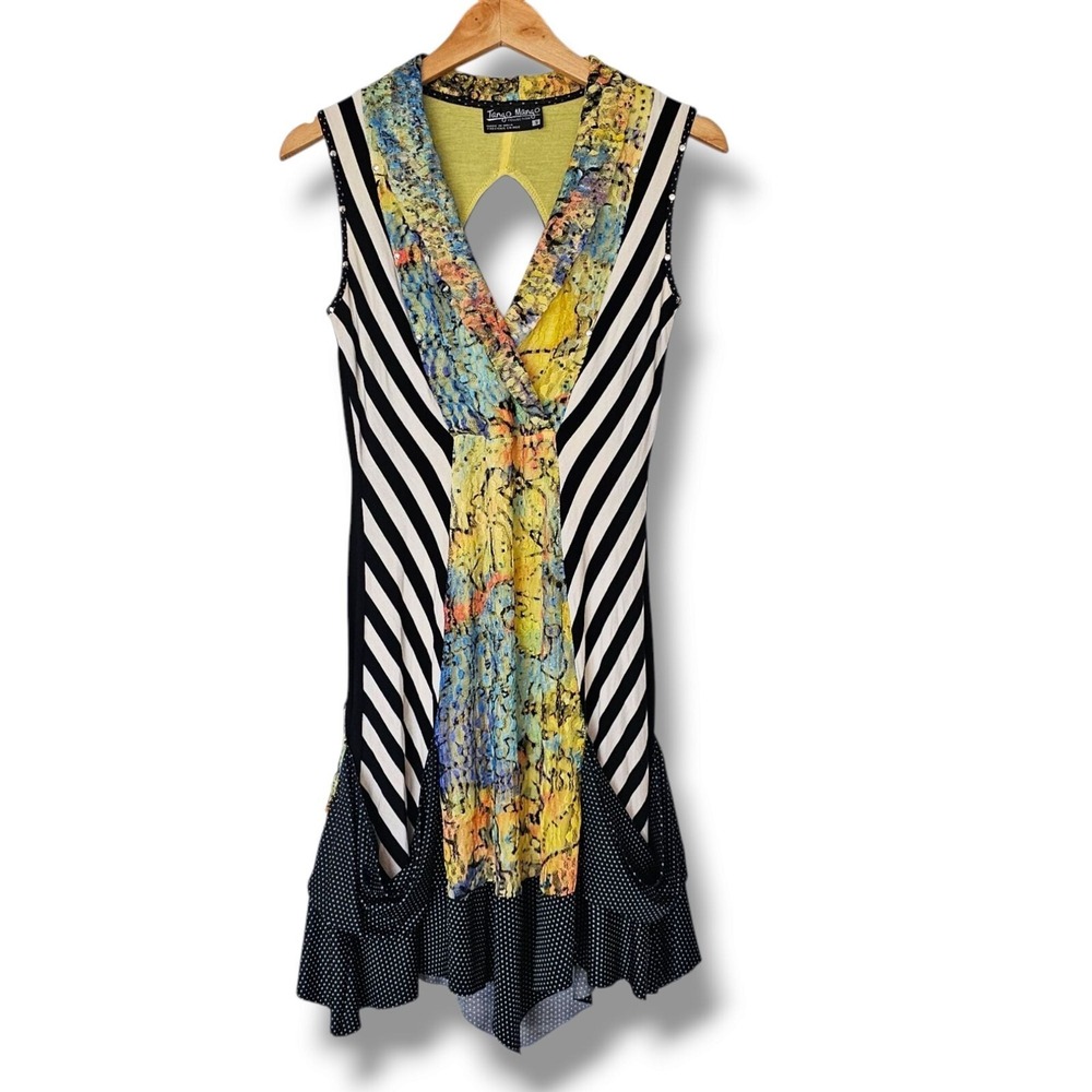 Tango Mango Dress S Striped Polka Dot Lace Artsy Flowy Pockets Funky Mixed Media
